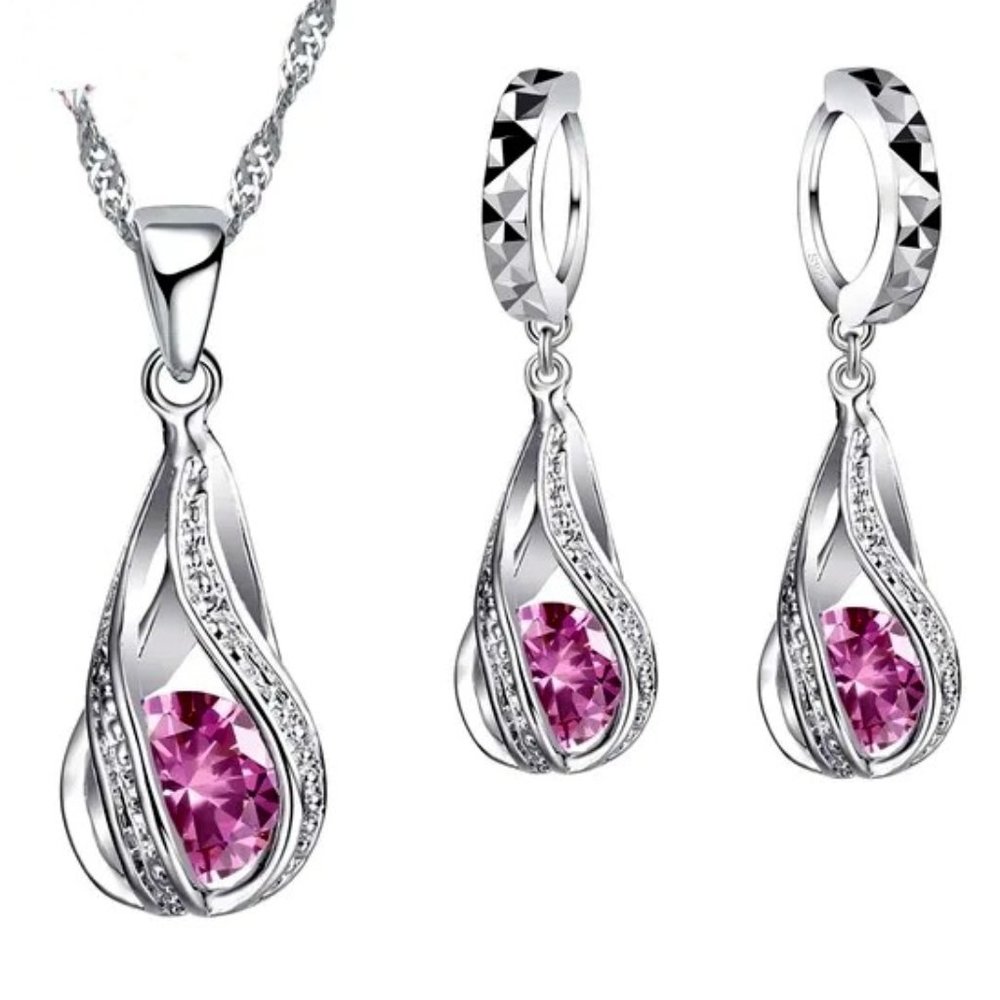 ⭐4pc Bundle Sale⭐ Pink Ice Teardrop Pendant And Earrings w 18" Chain 925 Silver